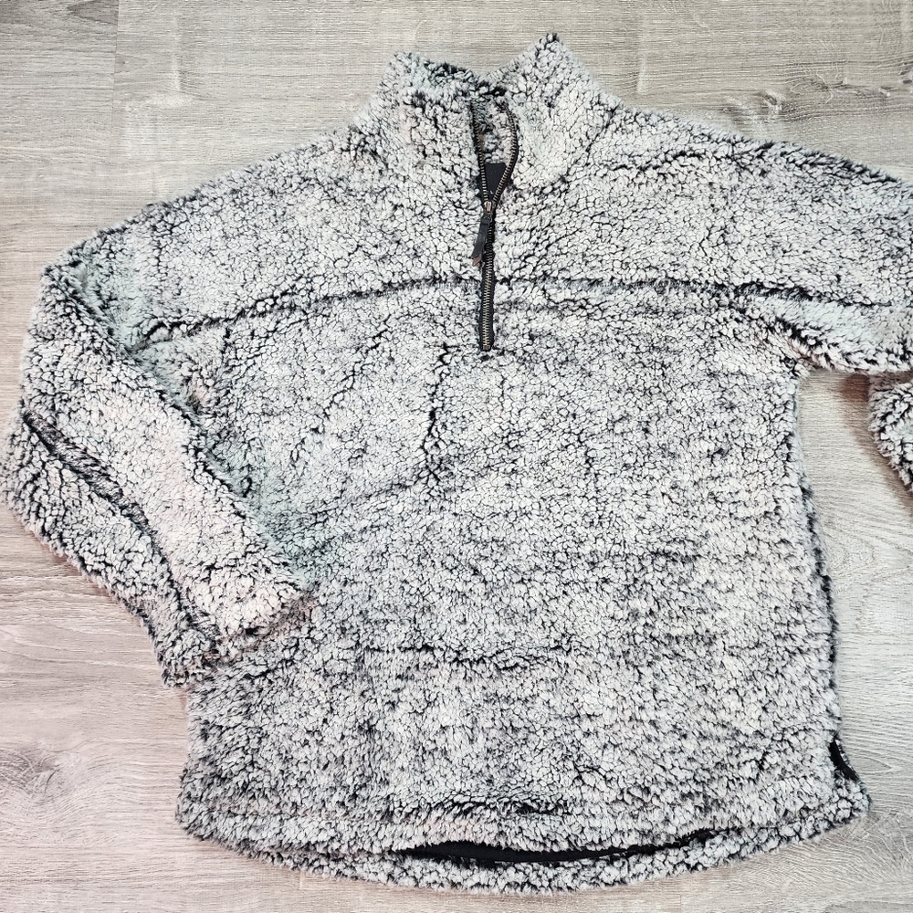 ELODIE Sherpa Teddy Grey Quarter Zip Pullover Fleece Jacket Large